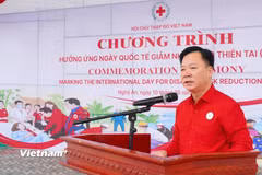 Phó Chủ tịch Trung ương Hội Chữ thập đỏ Việt Nam Nguyễn Sỹ Trường phát biểu tại chương trình hưởng ứng Ngày Quốc tế Giảm nhẹ rủi ro thiên tai năm 2026. (Ảnh: PV/Vietnam+)