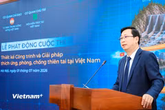 Ông Cao Xuân Thạo, Phó Chủ tịch Ủy ban Trung ương Mặt trận Tổ quốc Việt Nam phát biểu tại Lễ phát động Cuộc thi "Thiết kế công trình và giải pháp thích ứng, phòng, chống thiên tai tại Việt Nam." (Ảnh: Hoài Nam/Vietnam+)