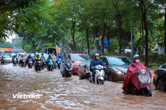 Mưa lớn gây ngập úng trên phố Thái Hà. (Ảnh: Hoài Nam/Vietnam+)