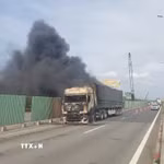 Hiện trường vụ cháy xe đầu kéo trên cao tốc Thành phố Hồ Chí Minh-Long Thành-Dầu Giây. (Ảnh: TTXVN phát)