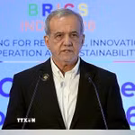 Tổng thống Iran Masoud Pezeshkian phát biểu tại diễn đàn doanh nghiệp BRICS ở New Delhi, Ấn Độ ngày 11/9/2026. (Ảnh: THX/TTXVN phát)