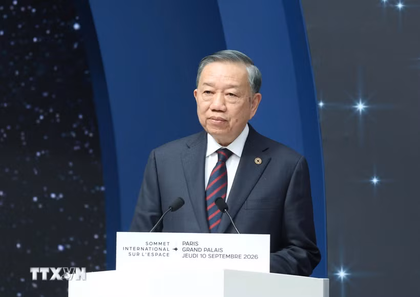 Tổng Bí thư, Chủ tịch nước Tô Lâm phát biểu tại Phiên chính thức Hội nghị Thượng đỉnh Không gian vũ trụ. (Ảnh: Thống Nhất/TTXVN)