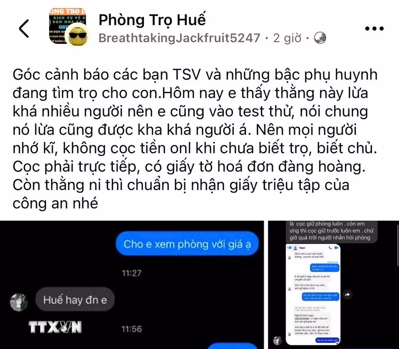 Thông tin cảnh báo lừa đảo khi thuê trọ tại các nhóm phòng trọ Huế trên mạng xã hội. (Ảnh: Văn Dũng/TTXVN)