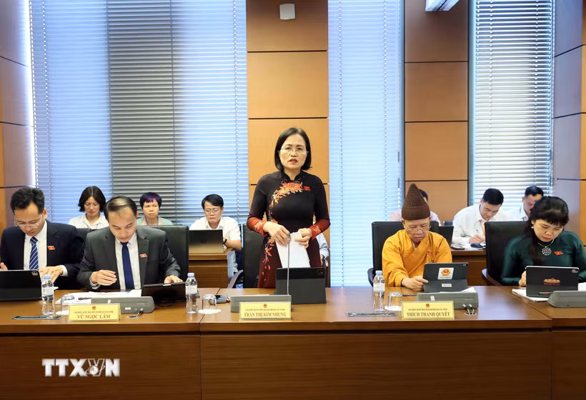 Đại biểu Quốc hội thành phố Quảng Ninh Trần Thị Kim Nhung phát biểu thảo luận ở tổ về dự án Luật Bưu chính (sửa đổi). (Ảnh: An Đăng/TTXVN)