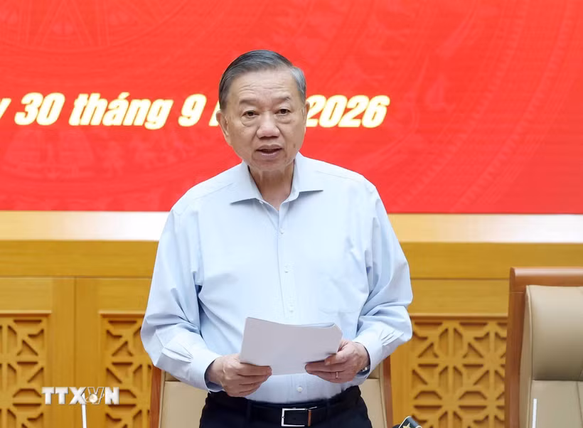 Tổng Bí thư, Chủ tịch nước Tô Lâm, Bí thư Quân ủy Trung ương phát biểu. (Ảnh: Thống Nhất/TTXVN)