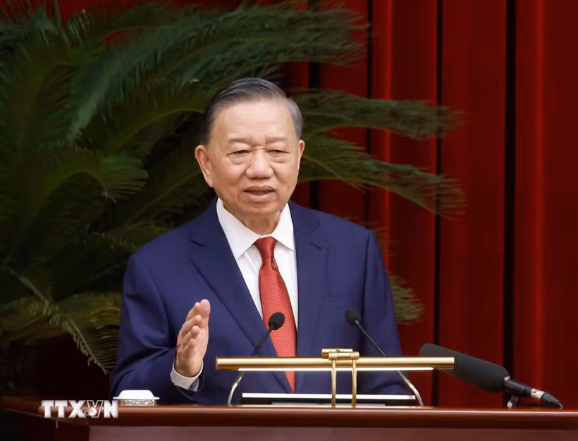 Tổng Bí thư, Chủ tịch nước Tô Lâm phát biểu bế mạc Hội nghị lần thứ tư Ban Chấp hành Trung ương Đảng khóa XIV. (Ảnh: Thống Nhất/TTXVN)