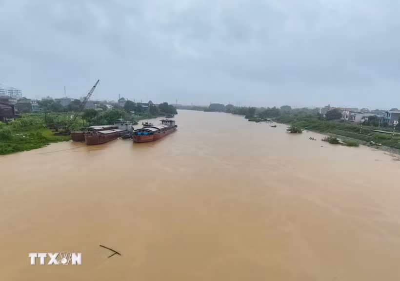 Mưa lớn khiến mực nước trên sông Thương, Bắc Ninh tăng cao. (Ảnh: Thanh Thương/TTXVN)