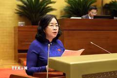 Chủ tịch Ủy ban Trung ương Mặt trận Tổ quốc Việt Nam Bùi Thị Minh Hoài báo cáo trước Quốc hội tổng hợp ý kiến, kiến nghị của cử tri và nhân dân gửi đến Kỳ họp. (Ảnh: TTXVN)