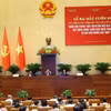 Lễ ra mắt cuốn sách “Quốc hội trong tiến trình đổi mới đáp ứng yêu cầu xây dựng, hoàn thiện Nhà nước pháp quyền xã hội chủ nghĩa Việt Nam" của Tổng Bí thư Nguyễn Phú Trọng. (Ảnh: Văn Điệp/TTXVN)