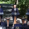 Tổng thống Hàn Quốc Yoon Suk Yeol, Tổng thống Mỹ Joe Biden và Thủ tướng Nhật Bản Fumio Kishida trong cuộc họp báo chung sau Hội nghị thượng đỉnh ba bên ở Trại David, bang Maryland (Mỹ) ngày 18/8/2023. (Ảnh: YONHAP/TTXVN)
