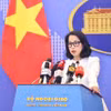 Người phát ngôn Bộ Ngoại giao Phạm Thu Hằng chủ trì họp báo thường kỳ tháng 6/2024. (Ảnh: Minh Đức/TTXVN)