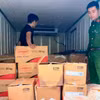 Công an tỉnh Quảng Bình và lực lượng chức năng phối hợp phát hiện, bắt vụ vận chuyển gần 3 tấn nội tạng động vật không rõ nguồn gốc xuất xứ. (Ảnh: TTXVN phát)