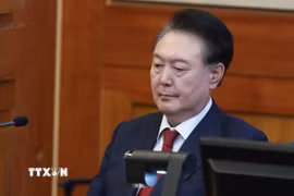 Tổng thống Hàn Quốc bị luận tội Yoon Suk-yeol tại phiên điều trần của Tòa án Hiến pháp ở Seoul, ngày 20/2 vừa qua. (Ảnh: Yonhap/TTXVN)