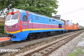 Một đoàn tàu chở hàng liên vận kết nối sang Trung Quốc. (Ảnh: Việt Hùng/Vietnam+)