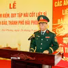 Đại diện lãnh đạo Bộ Chỉ huy quân sự thành phố Hải Phòng phát biểu tại buổi lễ. (Ảnh: Hoàng Ngọc/TTXVN)