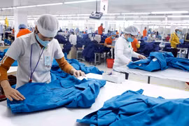 May hàng xuất khẩu sang tại Công ty cổ phần may Hưng Việt, tỉnh Hưng Yên. (Ảnh: Trần Việt/TTXVN)