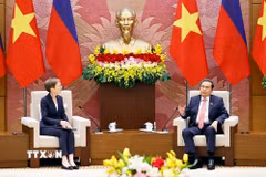 Chủ tịch Quốc hội Trần Thanh Mẫn hội kiến Thủ tướng Công quốc Liechtenstein Brigitte Haas. (Ảnh: Doãn Tấn/TTXVN)