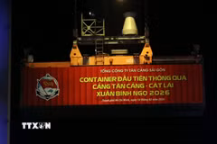 Lô hàng đầu tiên được xếp lên tàu EVER BRAVE tại cảng Tân cảng Cát Lái là mặt hàng hàng linh kiện điện tử. (Ảnh: Tiến Lực/TTXVN)