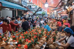 Cảnh tấp nập, nhộn nhịp mua bán tại khu vực bán gà khi không khí chờ đón Tết Bính Ngọ đang đến gần. (Ảnh: Hoàng Hiếu/TTXVN)