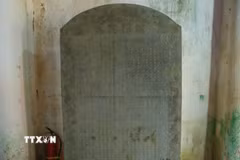 Tấm bia đá chùa Nghĩa Xá (Ninh Bình) vừa được Thủ tướng Chính phủ công nhận là Bảo vật quốc gia. (Ảnh: Công Luật/TTXVN)
