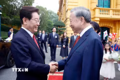 Tổng Bí thư, Chủ tịch nước Tô Lâm đón Tổng thống Hàn Quốc Lee Jae Myung. (Ảnh: Thống Nhất/TTXVN)