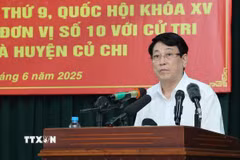 Chủ tịch nước Lương Cường phát biểu với cử tri huyện Hóc Môn và huyện Củ Chi, Thành phố Hồ Chí Minh. (Ảnh: Lâm Khánh/TTXVN)