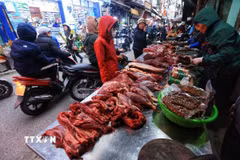Các mặt hàng thực phẩm được bán tại chợ phục vụ nhu cầu của người dân. (Ảnh: Tuấn Anh/TTXVN)