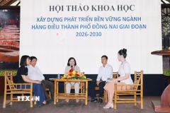 Các đại biểu chia sẻ giải pháp xây dựng, phát triển bền vững ngành hàng điều tại thành phố Đồng Nai. (Ảnh: Nhật Bình/TTXVN)