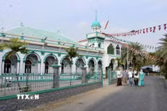 Du khách tham quan thánh đường Hồi giáo, tìm hiểu kiến trúc và đời sống tín ngưỡng của cộng đồng người Chăm ở Châu Phong, An Giang. (Ảnh: Thanh Sang/TTXVN)