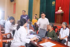 Cán bộ kỹ thuật đối chiếu thông tin và tiến hành lấy mẫu sinh phẩm ADN thân nhân liệt sỹ chưa xác định danh tính tại điểm thu nhận mẫu Công an phường Long Xuyên, tỉnh An Giang. (Ảnh: Công Mạo/TTXVN)