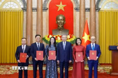 Tổng Bí thư, Chủ tịch nước Tô Lâm trao Quyết định bổ nhiệm cho 5 Đại sứ nước Cộng hòa xã hội Chủ nghĩa Việt Nam tại nước ngoài. (Ảnh: Thống Nhất/TTXVN)