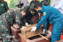 Lực lượng chức năng lấy mẫu, bàn giao mẫu và số hóa thông tin hài cốt liệt sỹ . (Ảnh: Đức Thọ/TTXVN)