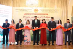 Các đại biểu cắt băng mạc triển lãm “Di sản văn hóa Việt Nam - Bảo tồn và phát triển”. (Ảnh: Viết Thắng/TTXVN)