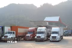 Phương tiện chở hàng hóa xuất nhập khẩu qua cửa khẩu Hữu Nghị. (Nguồn: TTXVN)