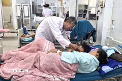 Trước số lượng bệnh nhân nhập viện liên tục, Bệnh viện Đa khoa khu vực Cam Lộ (Quảng Trị) đã huy động nhân lực tại các khoa, phòng để thăm khám, phân loại và điều trị. (Ảnh: TTXVN phát)