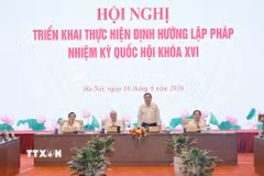 Chủ tịch Quốc hội Trần Thanh Mẫn chủ trì Hội nghị triển khai thực hiện Định hướng lập pháp nhiệm kỳ Quốc hội khóa XVI. (Ảnh: Doãn Tấn/TTXVN)