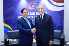 Thủ tướng Phạm Minh Chính gặp Thủ tướng Canada Mark Carney. (Ảnh: Dương Giang/TTXVN)