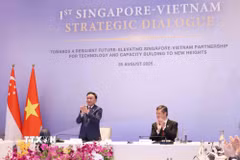 Đồng chí Trần Cẩm Tú, Ủy viên Bộ Chính trị, Thường trực Ban Bí thư cùng Phó Tổng Thư ký Đảng Hành động Nhân dân Singapore, Bộ trưởng Bộ Quốc phòng kiêm Bộ trưởng Điều phối dịch vụ công Chan Chun Sing đồng chủ trì Đối thoại Chiến lược Việt Nam-Singapore lần thứ nhất. (Ảnh: Phương Hoa/TTXVN)