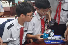 Các sản phẩm robot do chính học sinh thực hiện tại Chương trình “Robotics Day” do Thành Đoàn Đà Nẵng tổ chức. (Ảnh: Khoa Chương/TTXVN)