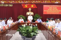 Quang cảnh hội nghị Sóc Trăng, Hậu Giang và thành phố Cần Thơ phối hợp sắp xếp, sáp nhập. (Ảnh: Ngọc Thiện/TTXVN)