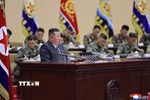 Nhà lãnh đạo Triều Tiên Kim Jong Un phát biểu tại Hội nghị chỉ huy cấp đại đội lần thứ 3 của Quân đội Nhân dân Triều Tiên ở thủ đô Bình Nhưỡng. (Ảnh: KCNA/TTXVN phát)