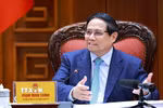 Thủ tướng Phạm Minh Chính, Bí thư Đảng ủy Chính phủ chủ trì họp Đảng bộ Chính phủ về sắp xếp địa giới hành chính. (Ảnh: Dương Giang/TTXVN)