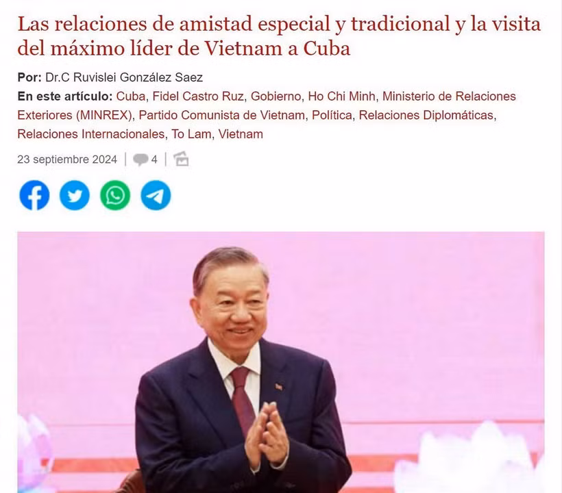 Bài viết về quan hệ Việt Nam-Cuba đăng tải mới đây trên báo điện tử CubaDebate. (Ảnh: Mai Phương/TTXVN)