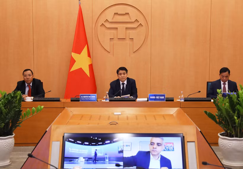 Chủ tịch Ủy ban nhân dân Thành phố Hà Nội Nguyễn Đức Chung dự Hội nghị cấp cao toàn cầu các thành phố về dịch Covid-19. (Ảnh: Lâm Khánh/TTXVN)