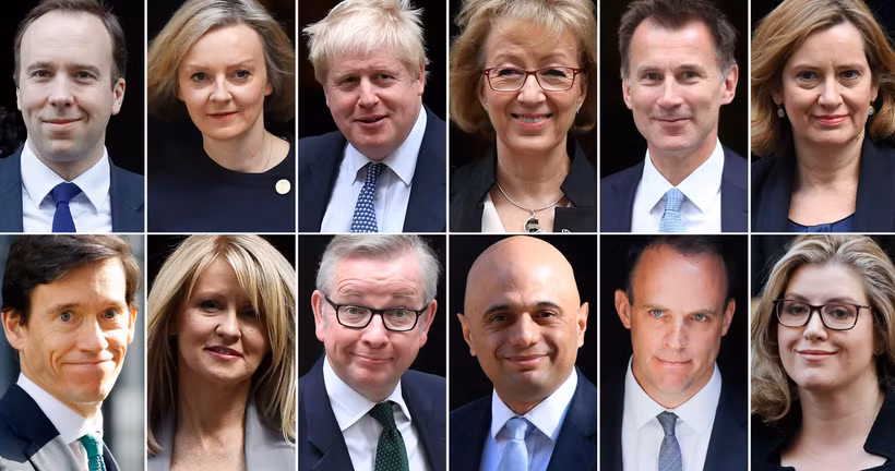 Cựu Ngoại trưởng Anh Boris Johnson (thứ 3 trái -trên) và các ứng cử viên có thể thay thế Thủ tướng Anh Theresa May. (Ảnh: AFP/TTXVN)