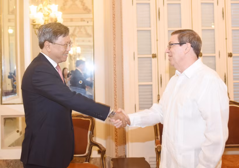 Bộ trưởng Ngoại giao Cuba Bruno Rodríguez Parrilla và Đại sứ Việt Nam tại Cuba Lê Quang Long. (Ảnh: Việt Hùng/TTXVN)
