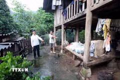 Do ảnh hưởng của mưa lớn kéo dài, nhiều vị trí trong khu nhà ở của gia đình anh Quàng Văn Học, bản Nặm Păm, xã Mường La bị sụt lún, xuất hiện các nứt có mguy cơ cao mất an toàn. (Ảnh: Quang Quyết/TTXVN)