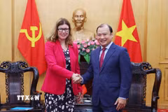 Phó Giám đốc Thường trực Học viện Chính trị quốc gia Hồ Chí Minh Lê Hải Bình tiếp bà Silvia Danailov, Trưởng Đại diện Quỹ Nhi đồng Liên hợp quốc tại Việt Nam. (Ảnh: Văn Điệp/TTXVN)