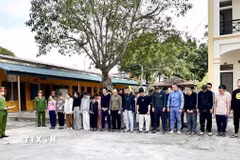 Công an tỉnh Thanh Hóa triệt phá đường dây lừa đảo bằng hình thức thông báo trúng thưởng, bắt giữ 35 đối tượng. (Ảnh TTXVN phát)