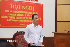 Chủ tịch Ủy ban Nhân dân tỉnh Thanh Hóa Tô Anh Dũng phát biểu chỉ đạo và giao nhiệm vụ cho các đơn vị. (Ảnh: Việt Hoàng/TTXVN)